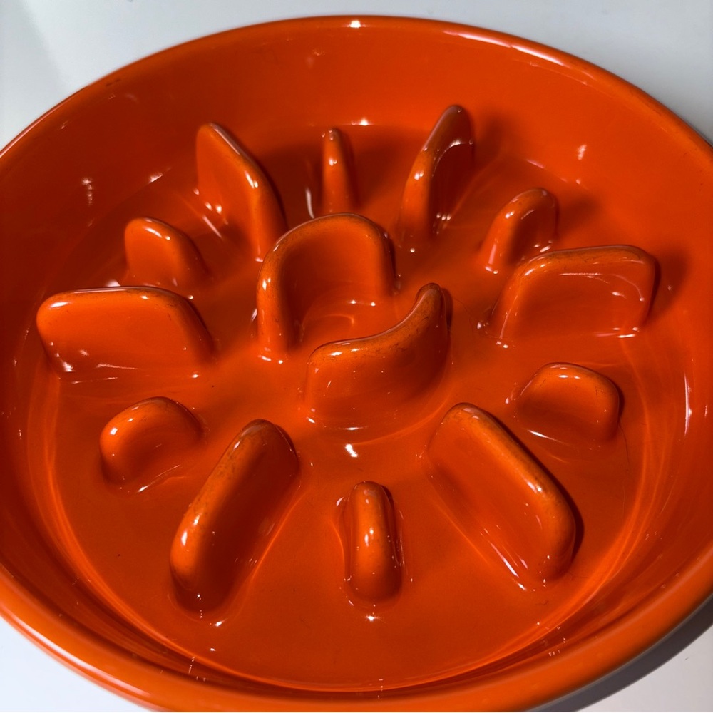Le Tauci Pet Dog 8” Bowl Orange Ceramic Slow Feed Feeder Maze Puzzle - Picture 2 of 5